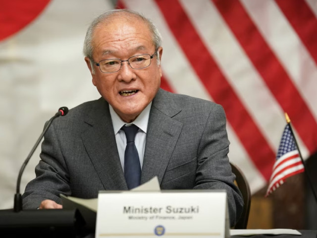 japanese finance minister shunichi suzuki speaks during a meeting with u s treasury secretary janet yellen and korean finance minister choi sang mok on the sidelines of the imf g20 meetings at the u s treasury in washington us april 17 2024 photo reuters